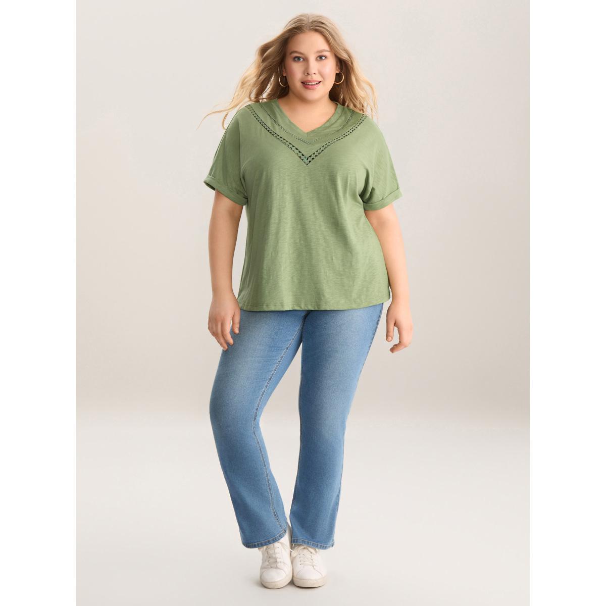 Plus Size Bamboo Fabric Lace Trim Flowy T-Shirt Greenbean Women Woven ribbon&lace trim V-neck Casual T-shirts BloomChic 22-24/3X Product Image