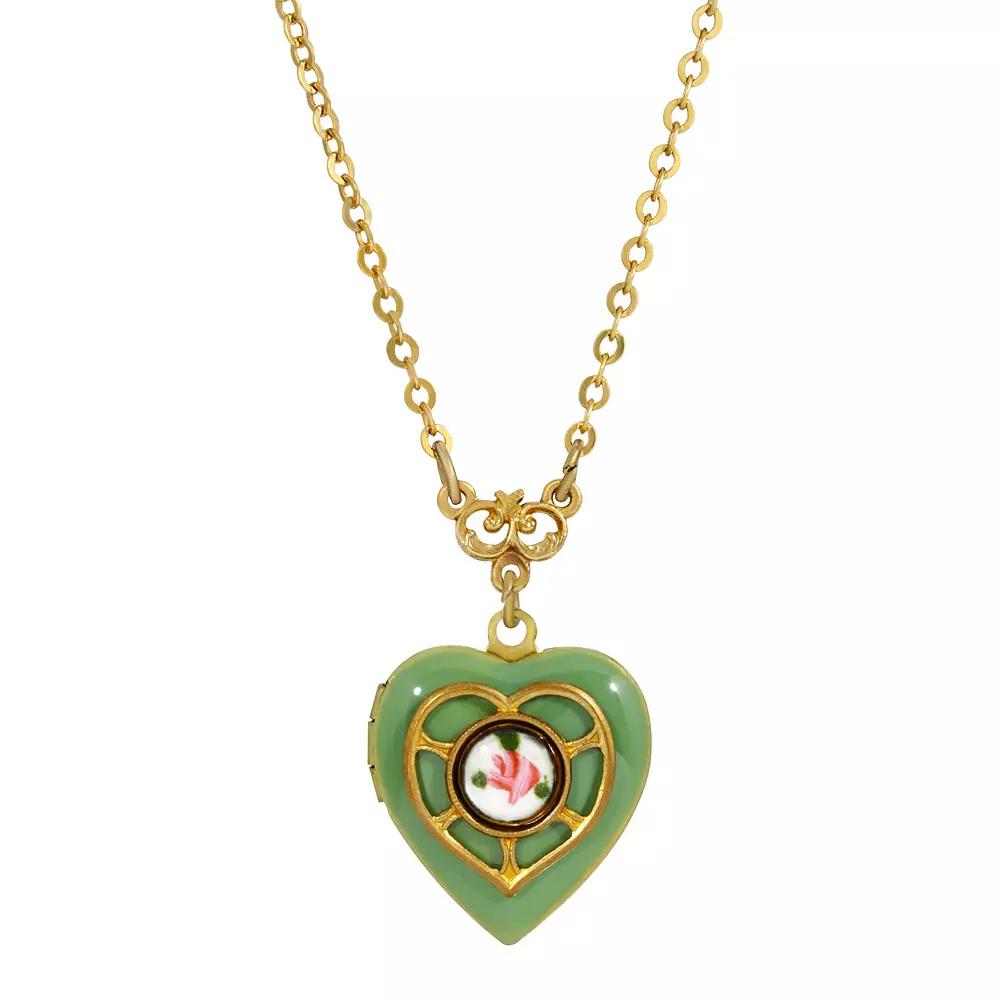 1928 Gold Tone Enamel Floral Heart Locket Necklace, Womens, Pink Product Image