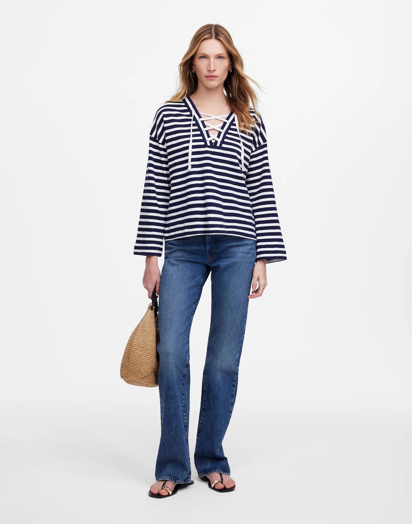 Lace-Up Long-Sleeve Tee in Stripe Product Image