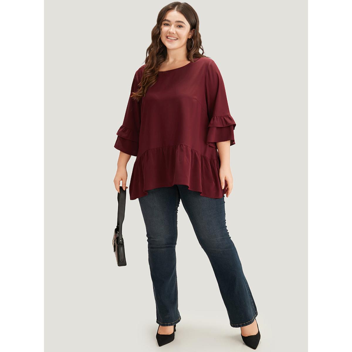 Plus Size Cyan Anti-Wrinkle Plain Ruffle Layered Sleeve Crew Neck Blouse Women Office Half Sleeve Round Neck Work Blouses BloomChic 14-16/1X Product Image
