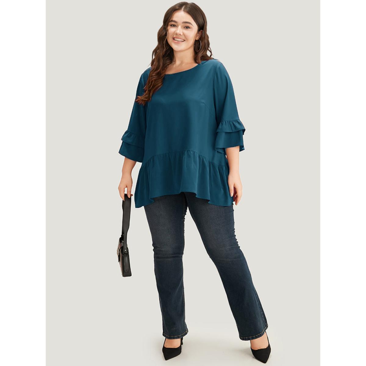 Plus Size Cyan Anti-Wrinkle Plain Ruffle Layered Sleeve Crew Neck Blouse Women Office Half Sleeve Round Neck Work Blouses BloomChic 14-16/1X Product Image