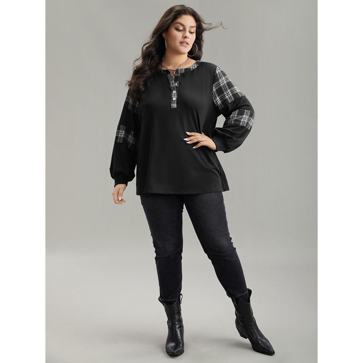 Plus Size Plaid Patchwork Button Up Rib Knit Sweatshirt Women Black Casual Elastic cuffs Open Front Dailywear Sweatshirts BloomChic 18-20/2X Product Image