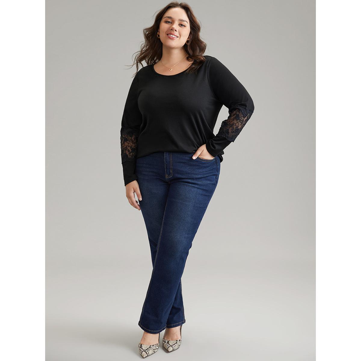 Plus Size Guipure Lace Plain Mesh T-shirt Black Women Casual See through Plain Round Neck Everyday T-shirts BloomChic 26/4X Product Image