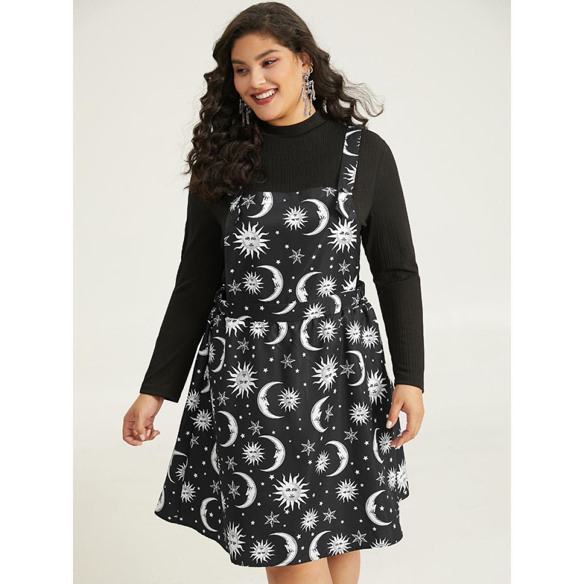Plus Size Halloween Moon & Star Print Pocket Spaghetti Strap Dress Black Women Casual Adjustable Straps Spaghetti Strap Sleeveless Curvy Knee Dress BloomChic 30/6X Product Image