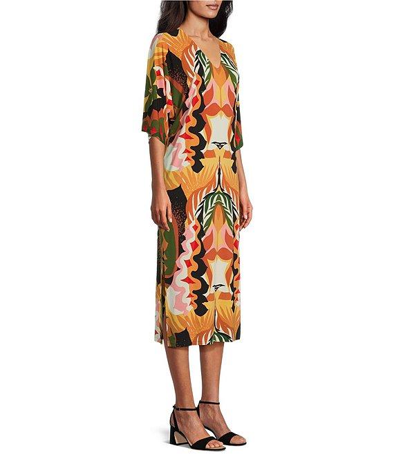 Eva Varro Abstract Leaf Print V-Neck Elbow Sleeve Dress Product Image