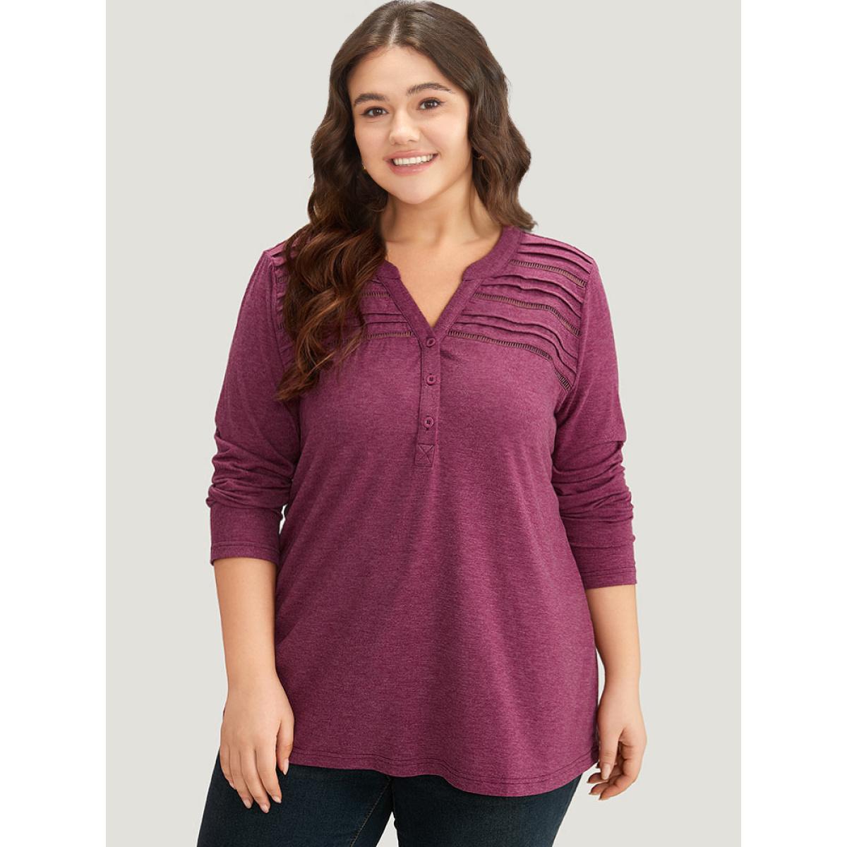 Plus Size Notched Pleated Button Up T-shirt RedViolet Women Casual Plain Plain Notched collar Dailywear T-shirts BloomChic 28/5X Product Image