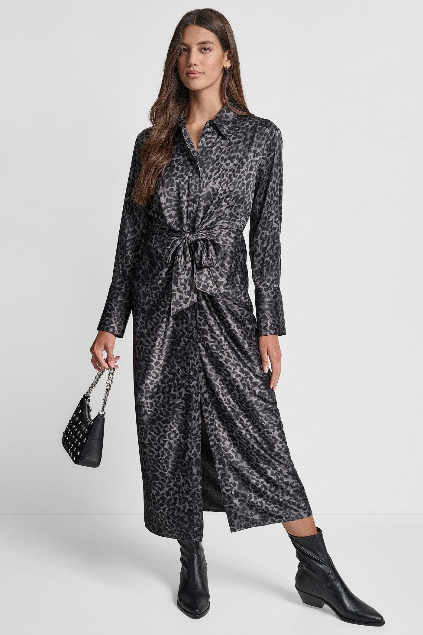 LONG SLEEVE BUTTON FRONT SHIRT DRESS WITH TIE WAIST Product Image