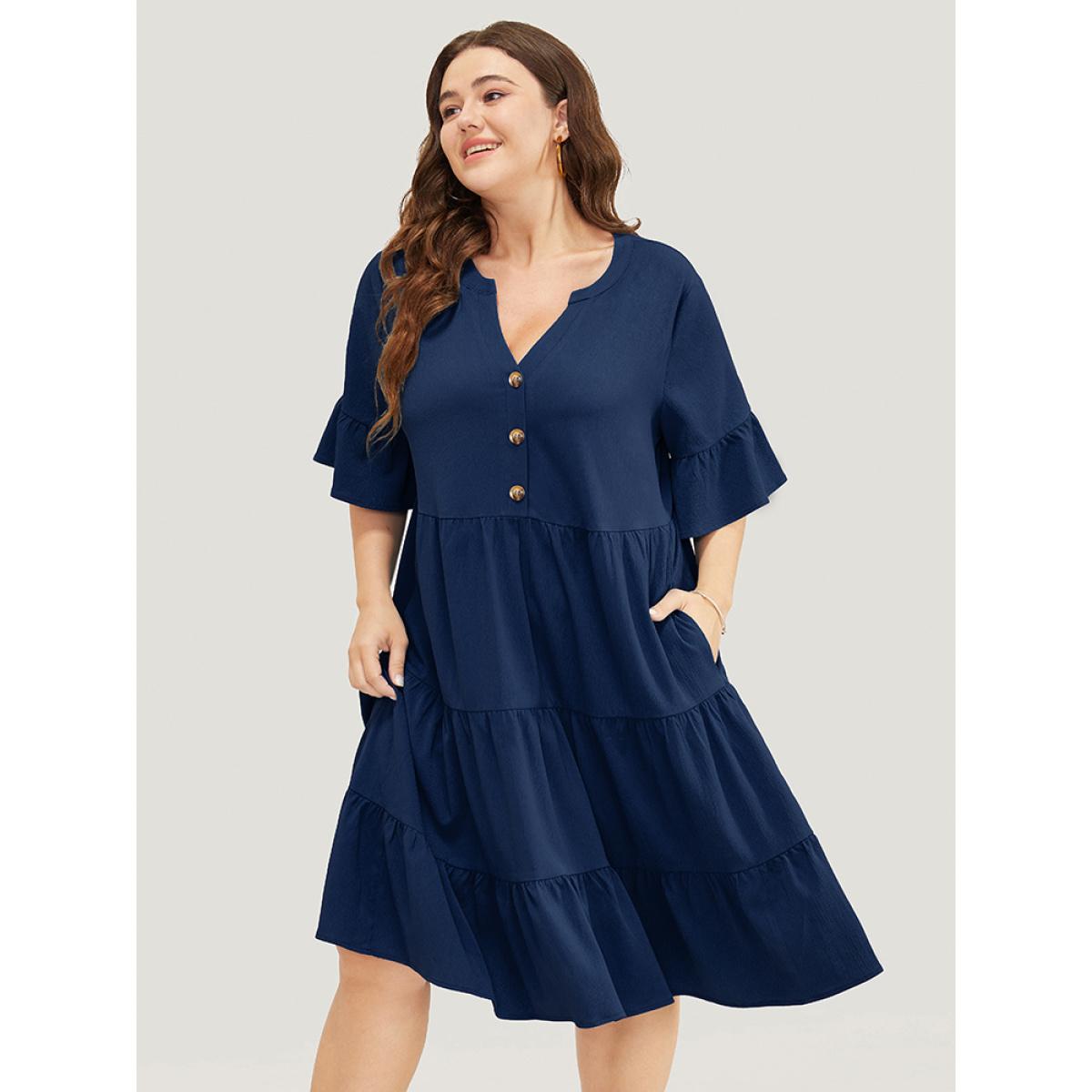 Plus Size Solid Button Detail Pocket Ruffle Tiered Bell Sleeve Midi Dress DarkBlue Women Vacation Stand-up collar Half Sleeve Curvy Knee Dress BloomChic 12/L Product Image