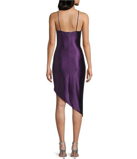 Honey and Rosie Spaghetti Strap Asymmetrical Hem Faux-Wrap Shimmery Stretch Satin Dress Product Image