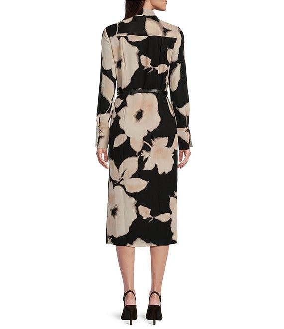 Donna Karan Chiffon Collared V-Neck Long Sleeve Belted Sheath Midi Dress Product Image