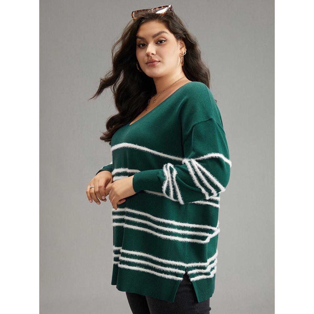 Plus Size Supersoft Essentials Striped Contrast Split Hem Pullover Emerald Women Casual Loose Long Sleeve V-neck Everyday Pullovers BloomChic 18-20/2X Product Image