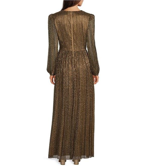 Alex Marie Bella Crinkle Metallic V-Neck Blouson Long Sleeve A-Line Gown Product Image