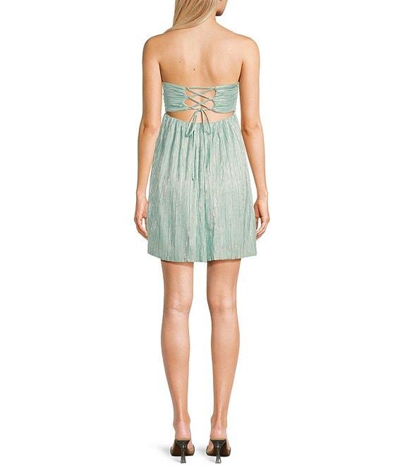 Honey and Rosie Pleated Foil Strapless Sweetheart Neck Twist Front Lace-Up Back Dress Product Image
