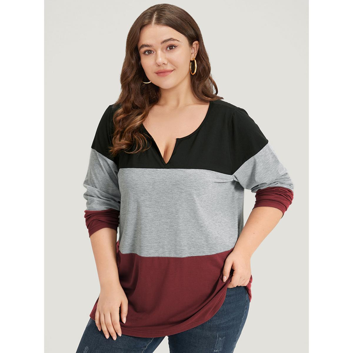 Plus Size Colorblock Contrast Notched Long Sleeve T-shirt Red Women Casual Contrast Plain Notched collar Dailywear T-shirts BloomChic 26/4X Product Image