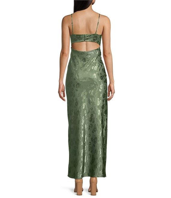 Allison & Kelly Satin Floral Jacquard Scoop Neck Spaghetti Strap Back Cut-Out Midi Dress Product Image