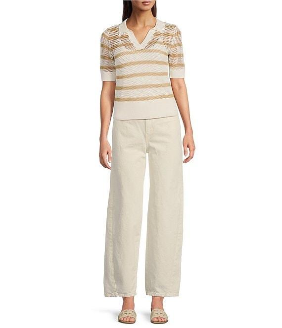 Le' AL.X Stripe Knit Wide Mesh Polo Collar V-Neck Short Rugby Top Product Image