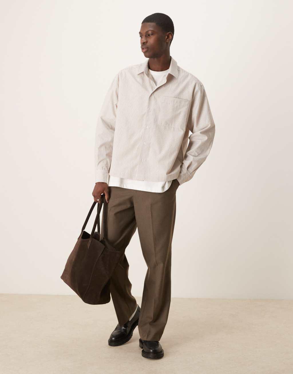 ASOS DESIGN oversized boxy shirt in beige stripe Product Image