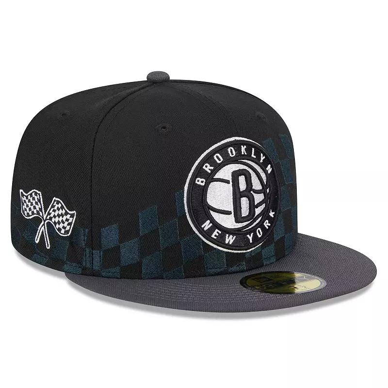 Men's New Era Black Brooklyn Nets Rally Drive Checkerboard 59FIFTY Crown Fitted Hat,  Product Image