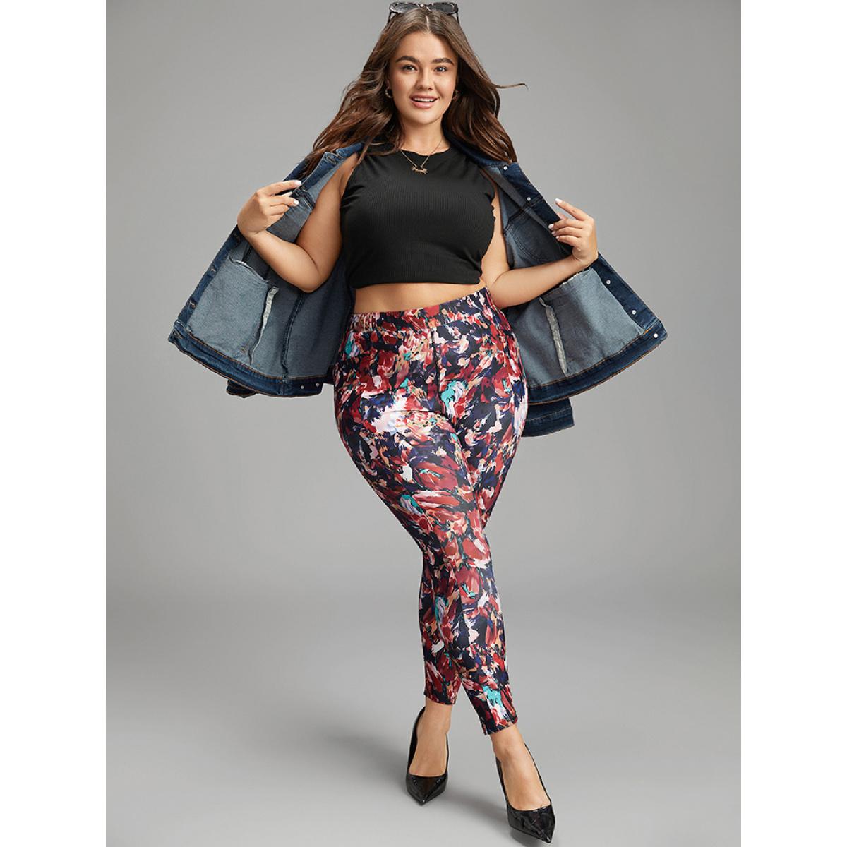 Plus Size Pixel Flower Pocket Elastic Waist High Rise Leggings Women Multicolor Casual High stretch Skinny High Rise Everyday Leggings BloomChic 28/5X Product Image