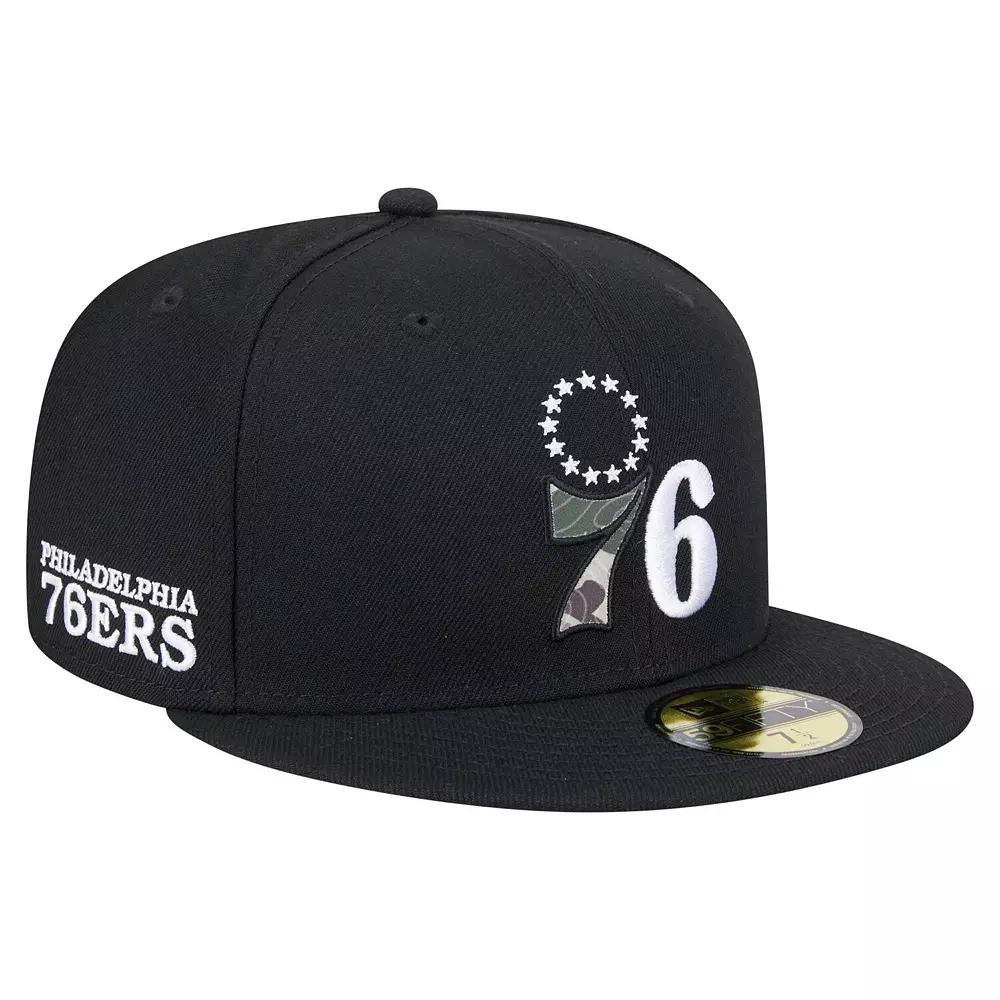 Men's New Era Black Philadelphia 76ers Camo Print UV 59FIFTY Fitted Hat,  Product Image