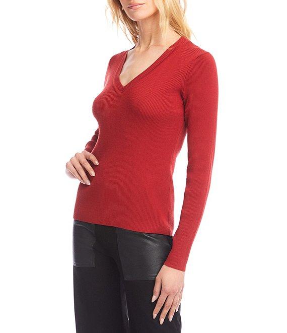Karen Kane Ribbed Knit V-Neck Long Sleeve Top Product Image