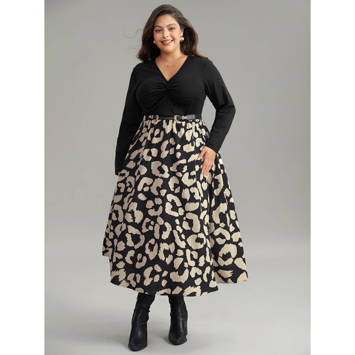 Plus Size Leopard Patchwork Pocket Twist Front Dress Black Women At the Office Printed V-neck Long Sleeve Curvy Midi Dress BloomChic 10/M Product Image