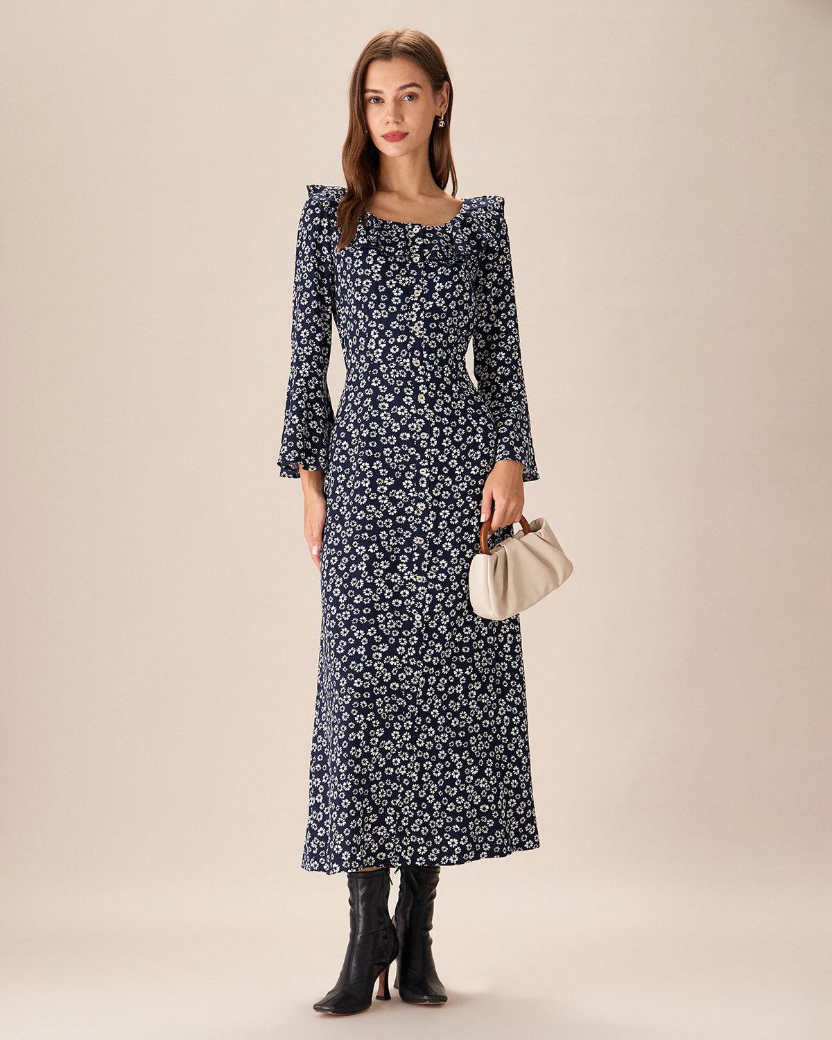 Blue Floral Ruffle Chiffon Maxi Dress Product Image