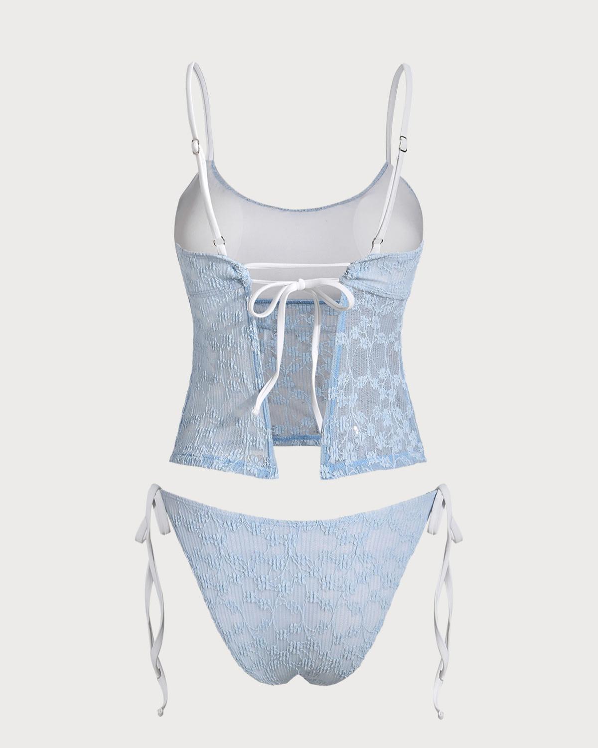 Blue Lace Contrast Tankini Swimsuit Product Image