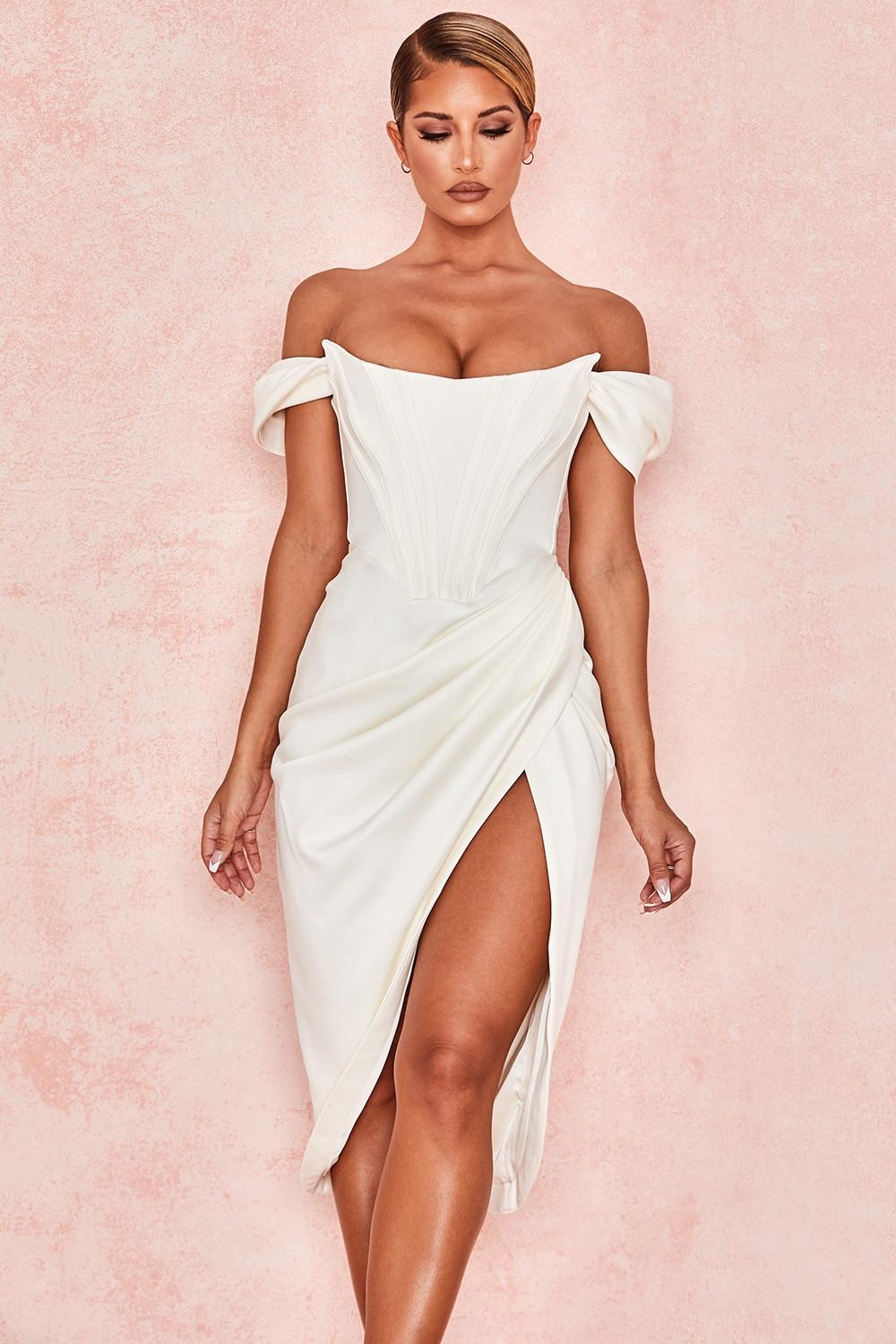 Loretta  ivory satin off shoulder dress Product Image