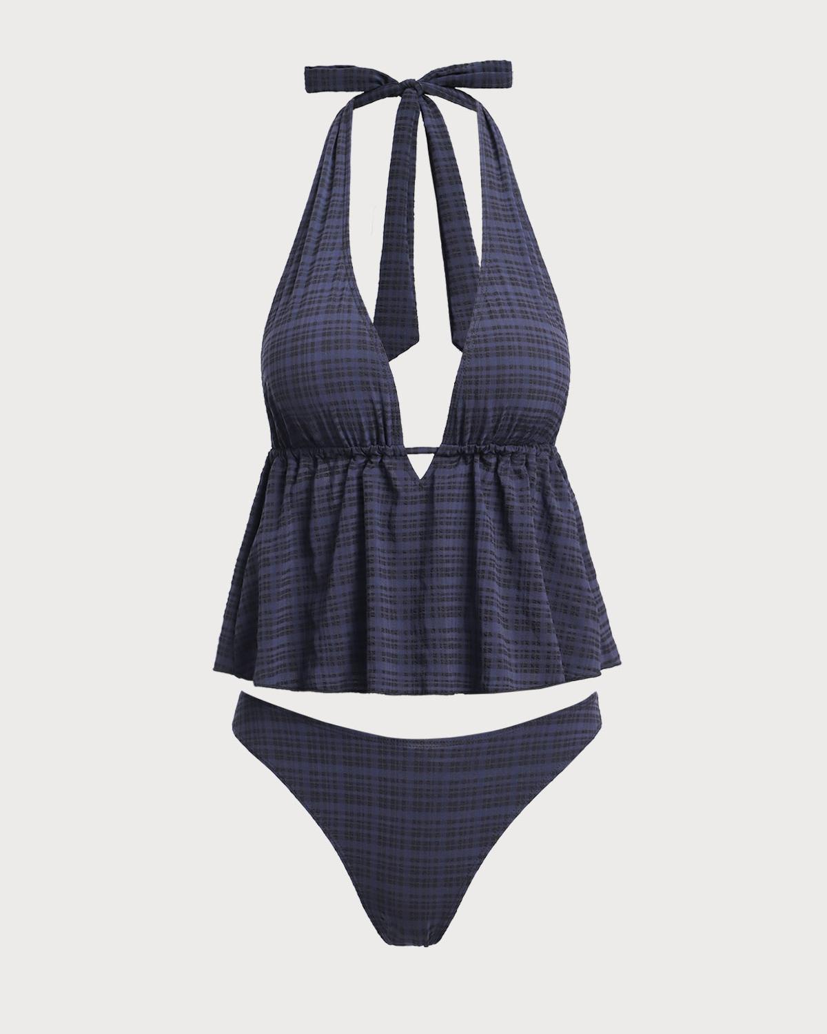 Black Deep V Neck Plaid Tankini Swimsuit Product Image
