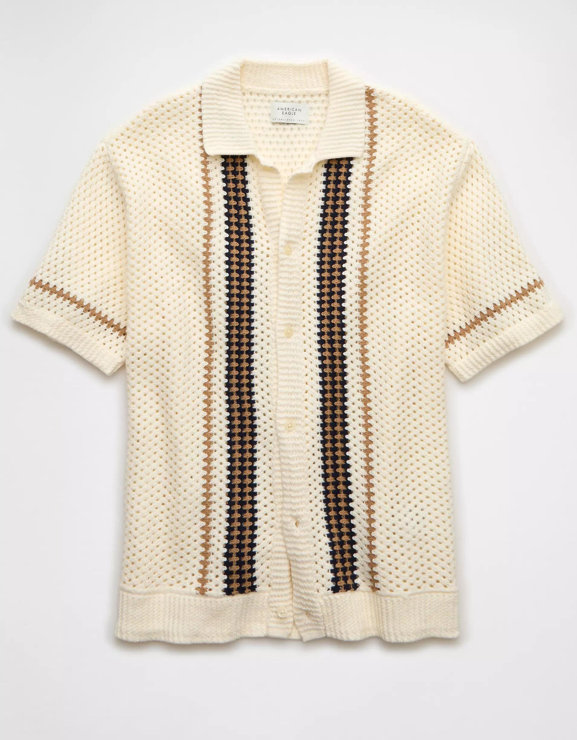 AE Weekend Crochet Button-Up Sweater Polo Shirt Product Image
