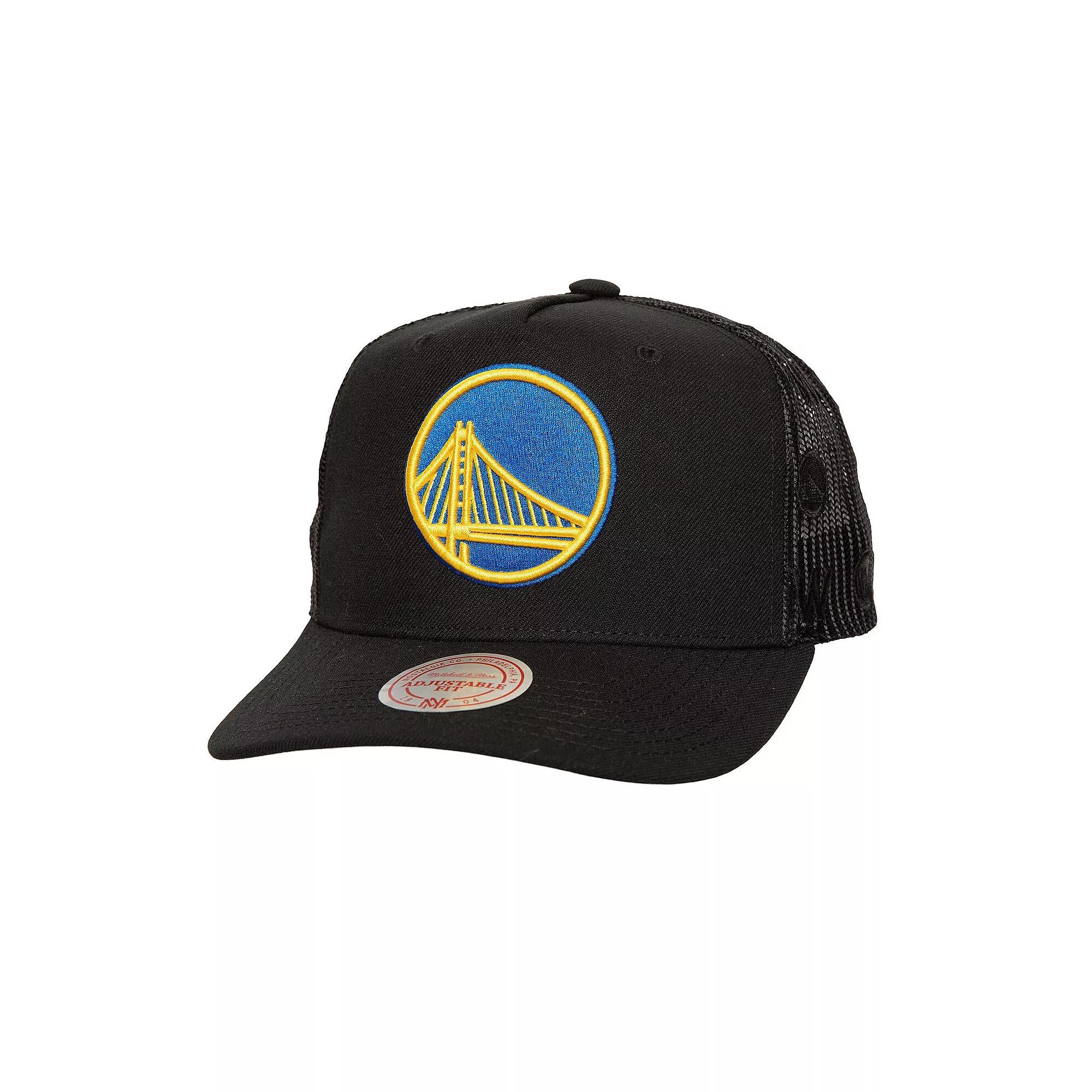Men's Mitchell & Ness Black Golden State Warriors Monogram Allover Logo Mesh Trucker Adjustable Hat Product Image