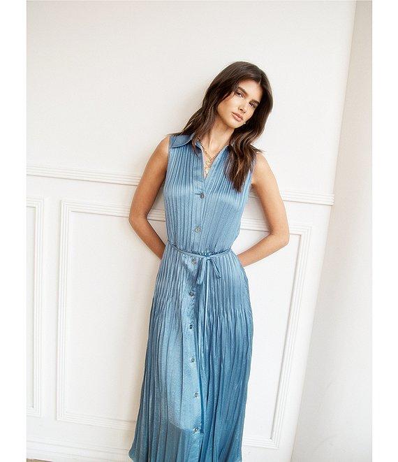 Current Air Pleated Collared Sleeveless Button Front Midi Shirtdress Product Image