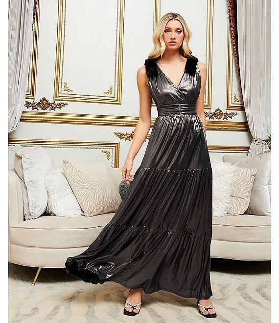 Sugarlips Liquid Satin Surplice V-Neck Sleeveless Velvet Shoulder Tie Tiered Hem Maxi Dress Product Image