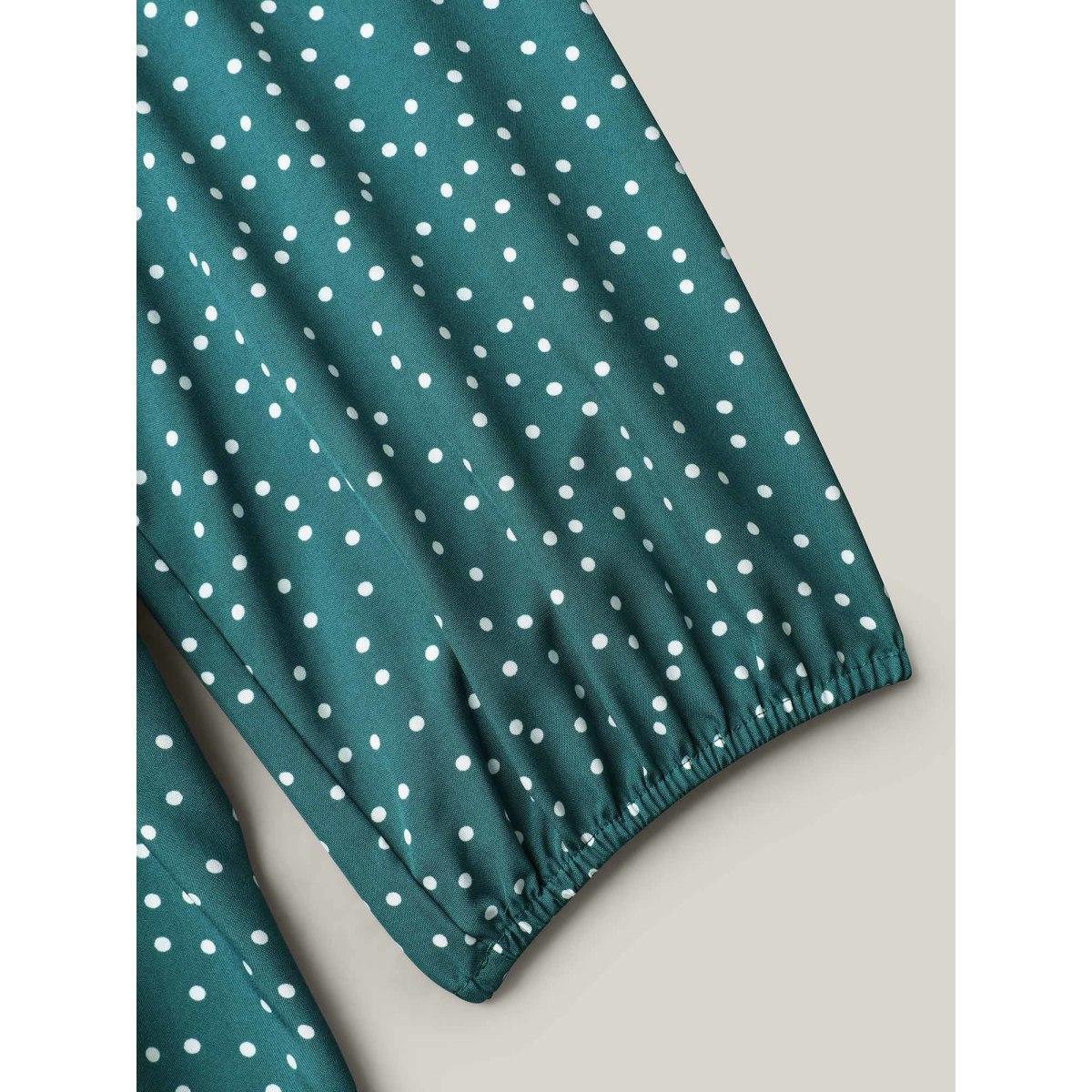 Plus Size Teal Polka Dots Ruffled Edged Stretchy-Waist Shirt Women Elegant Elbow-length sleeve Notched collar Everyday Blouses BloomChic 12/L Product Image