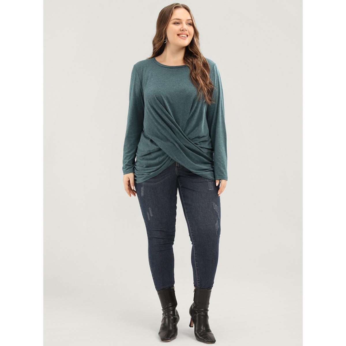 Plus Size Solid Twist Front Round Neck Long Tee Teal Women Elegant Twist-front Plain Round Neck Dailywear T-shirts BloomChic 14-16/1X Product Image