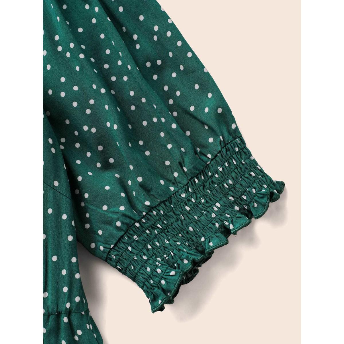 Plus Size Polka Dot Shirred Pocket Flutter Hem Dress DarkGreen Women Office Printed V-neck Half Sleeve Curvy Midi Dress BloomChic 14-16/1X Product Image