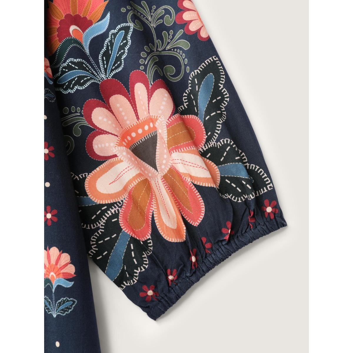 Plus Size Boho Print Neck Tie Maxi Dress DarkBlue Women Boho Flat collar with V-notch Elbow-length sleeve Curvy BloomChic 18-20/2X Product Image