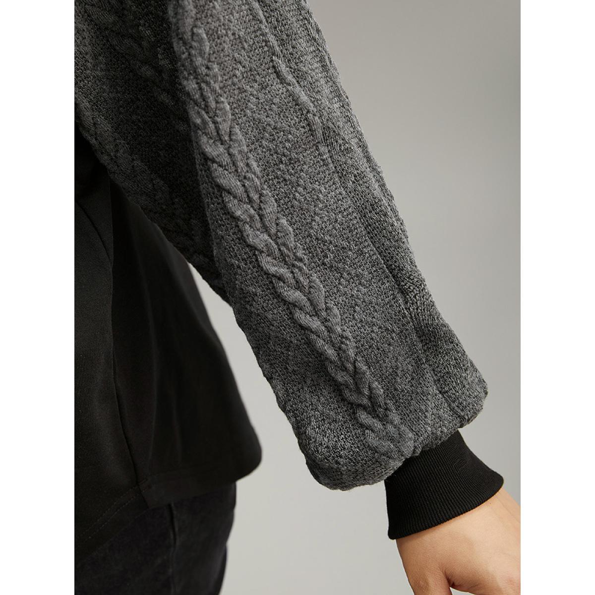 Plus Size Rib Knit Cable Knit Patchwork Hooded Sweatshirt Women Black Casual Elastic cuffs Hooded Dailywear Sweatshirts BloomChic 26/4X Product Image