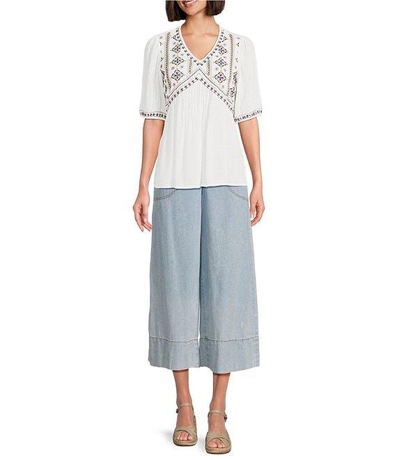 Nurture Embroidered V-Neck Elbow Puff Sleeve Top Product Image