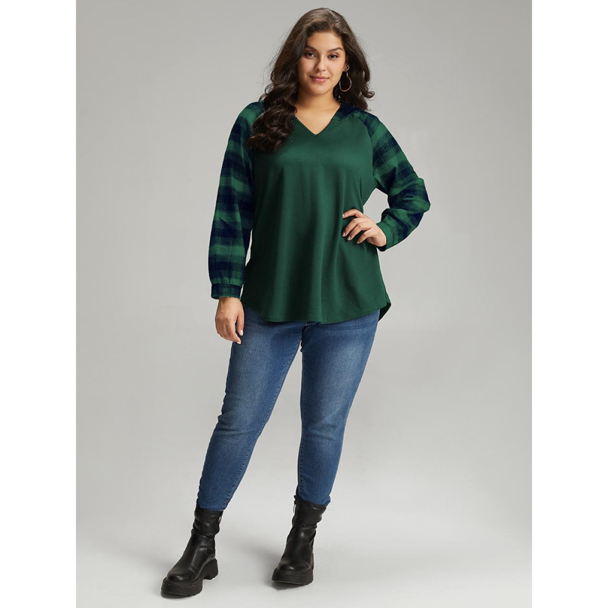 Plus Size Plaid Print Hooded Patchwork Sweatshirt Women DarkGreen Casual Patchwork Hooded Everyday Sweatshirts BloomChic 22-24/3X Product Image