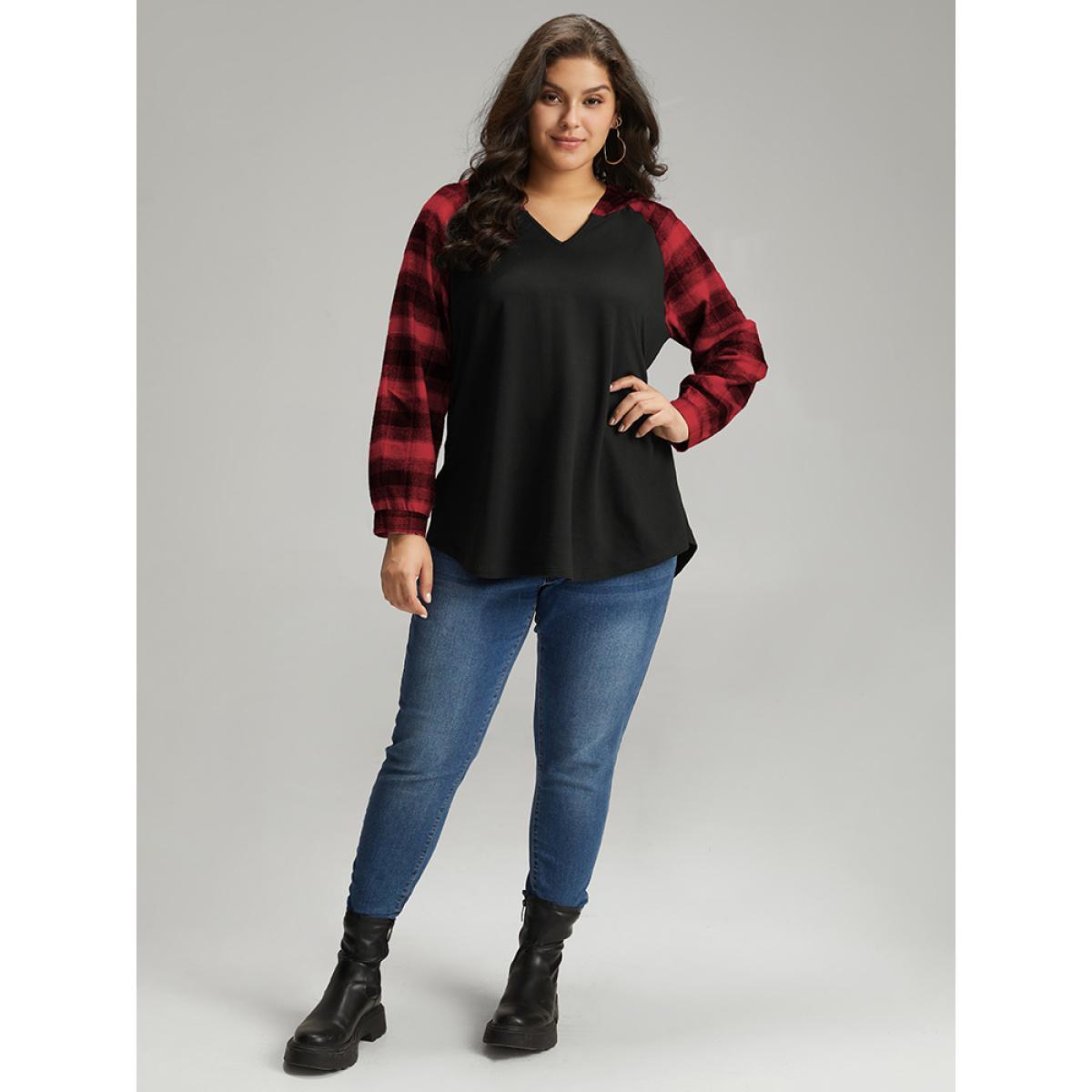 Plus Size Plaid Print Hooded Patchwork Sweatshirt Women Red Casual Patchwork Hooded Everyday Sweatshirts BloomChic 10/M Product Image