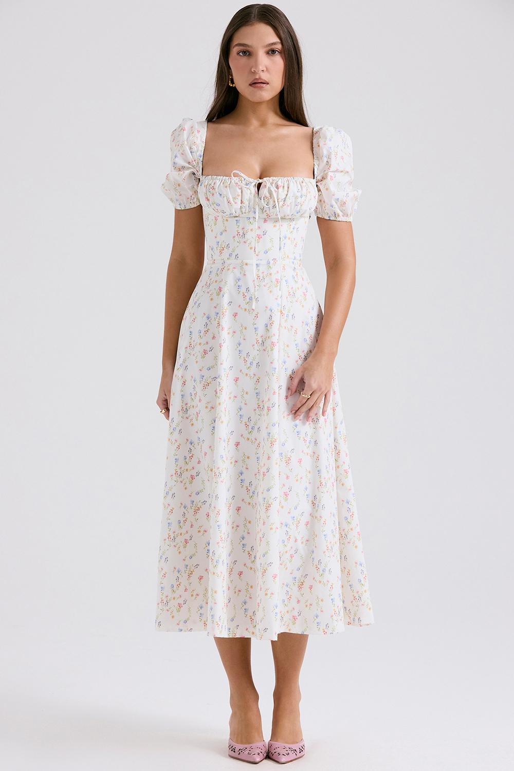 Tallulah  white posy print cotton puff sleeve midi sundress Product Image