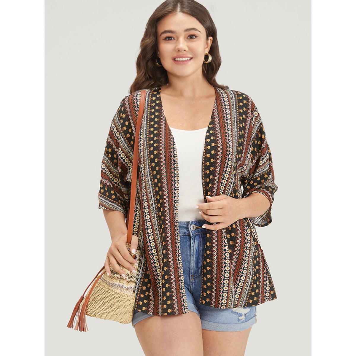 Plus Size Boho Print Open Front Half Sleeve Kimono Women DarkBrown Casual Printed Loose Dailywear Kimonos BloomChic 18-20/2X Product Image