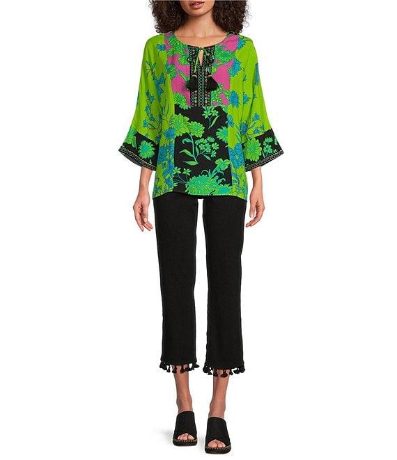 John Mark Petite Size Embroidered Printed Split Round Neck 3/4 Dolman Sleeve Tassel Tie Tunic Product Image