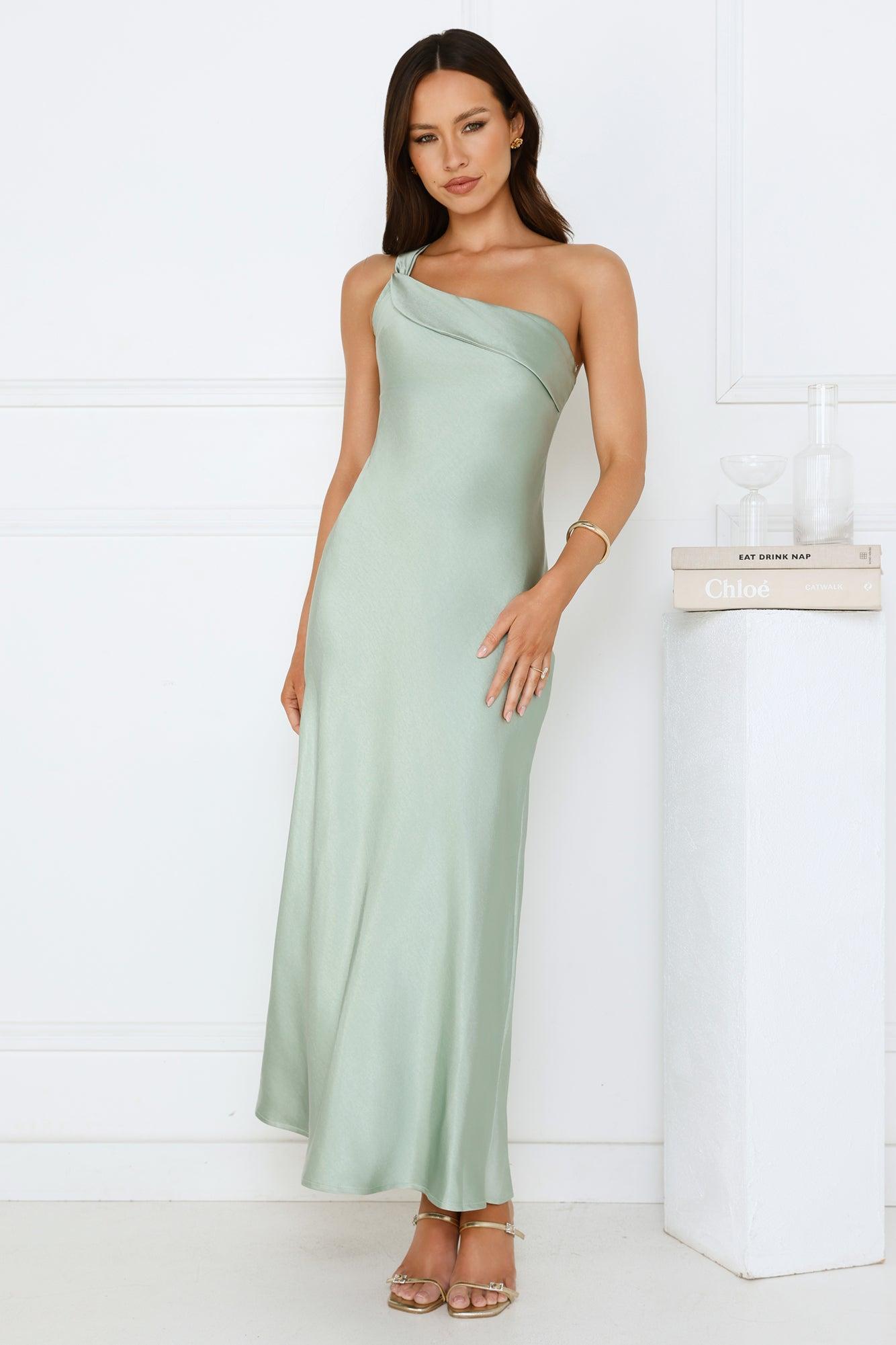 Romantic Tales Satin One Shoulder Maxi Dress Sage Product Image