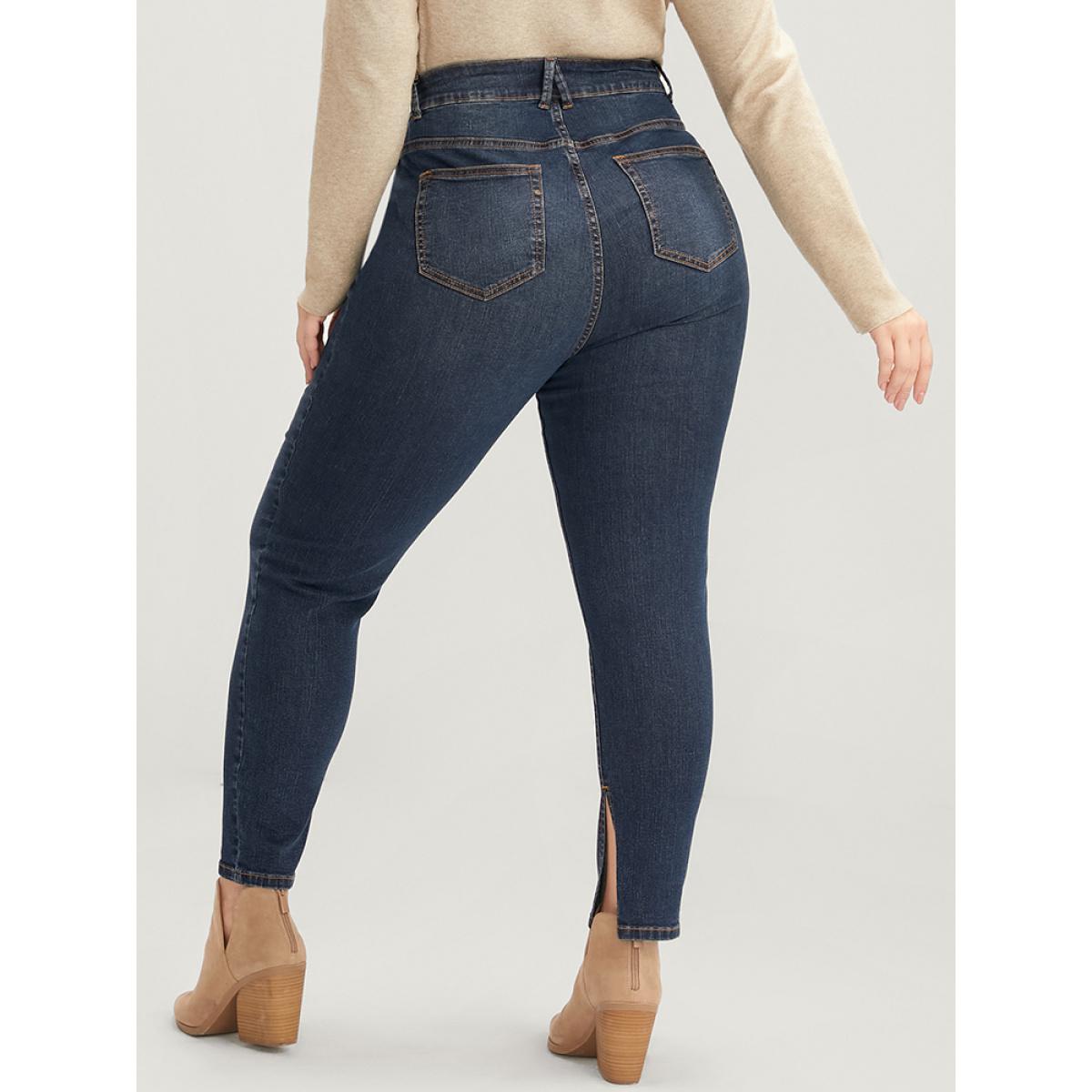 Plus Size Mom Jeans Skinny Moderately Stretchy High Rise Medium Wash Split Jeans Women Indigo Casual Plain Medium stretch Pocket Jeans BloomChic 30/6X Product Image