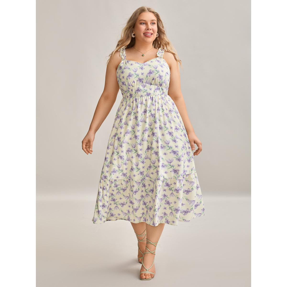 Plus Size Vine Floral Pockets Stretchy Waist Midi Dress Lightyellow Women Elegant Gathered V-neck Sleeveless Curvy BloomChic 12/L Product Image