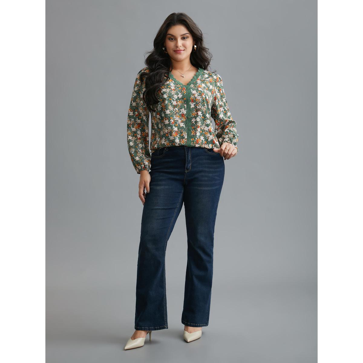 Plus Size Sage Floral Lace Panel Lantern Sleeve Blouse Women Elegant Long Sleeve V-neck Everyday Blouses BloomChic 10/M Product Image