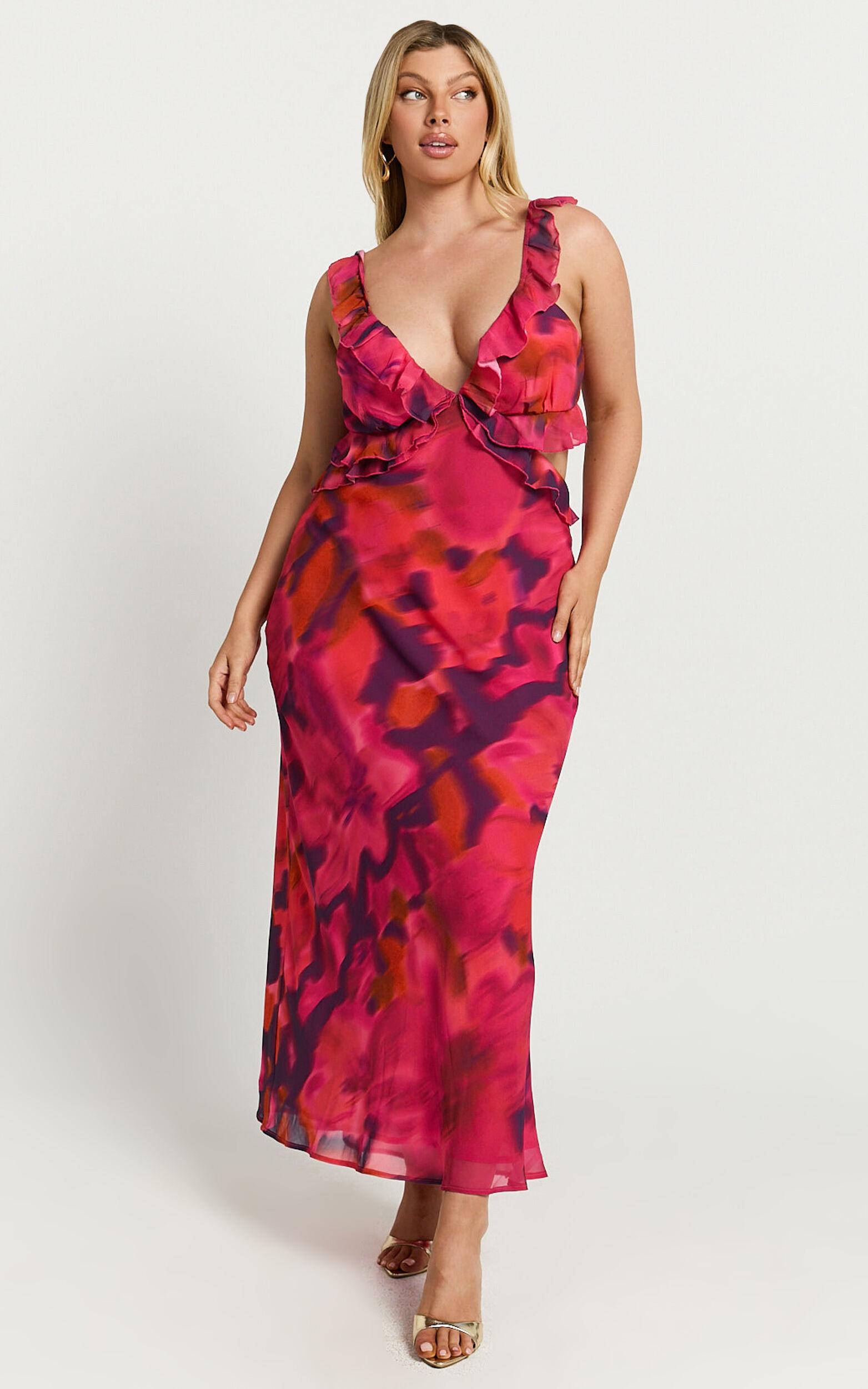 Alessa Maxi Dress - V Neck Frill Detail Empire Waist Back Cut Out Dress in Adeana Print Product Image
